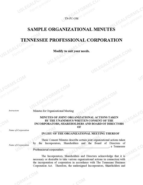 Organizational Minutes for a Tennessee Professional Corporation | US ...