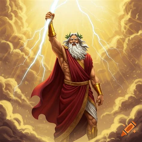 Zeus, Greek god, standing among storm clouds, holding a lightning bolt ...