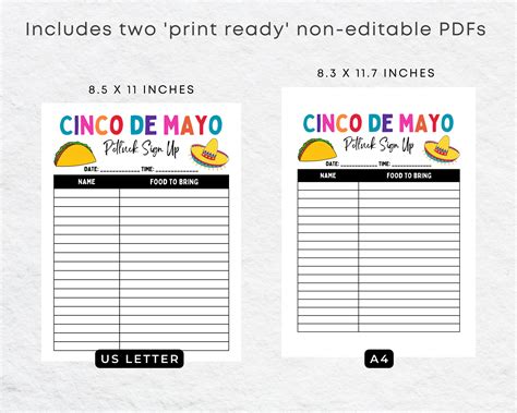 Cinco De Mayo Printable Potluck Sign Up Sheet Fillable