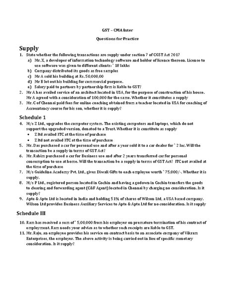 Question for Practice - GST – CMA Inter Questions for Practice Supply ...