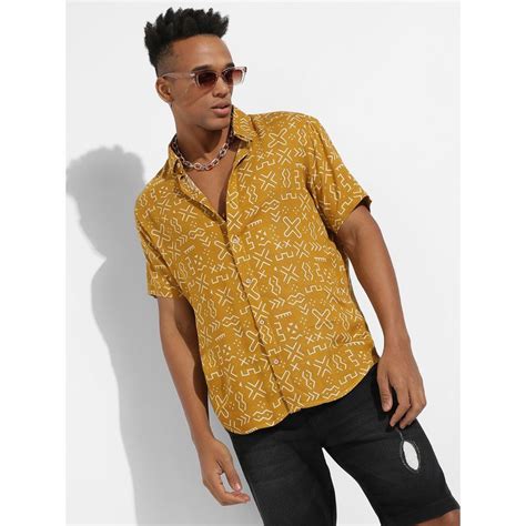 Buy Campus Sutra Mens Mustard Yellow Minimal Aztec Shirt Online