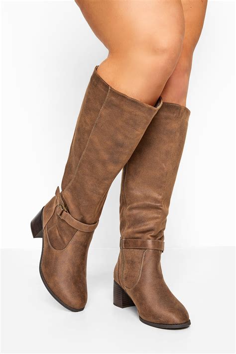 Tan Faux Suede Knee High Boots In Extra Wide Fit | Yours Clothing