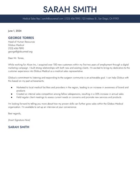 Medical Sales Representative Cover Letter Examples and Templates for 2024 - ResumeBuilder.com