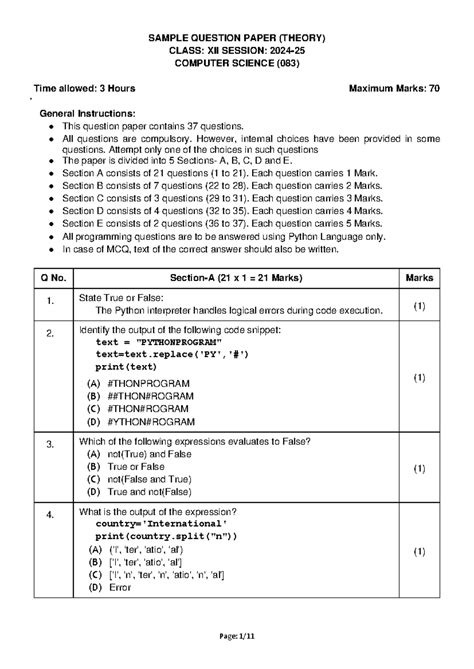 Computer Science (083) - Sample Question Paper (Theory) for Class XII ...