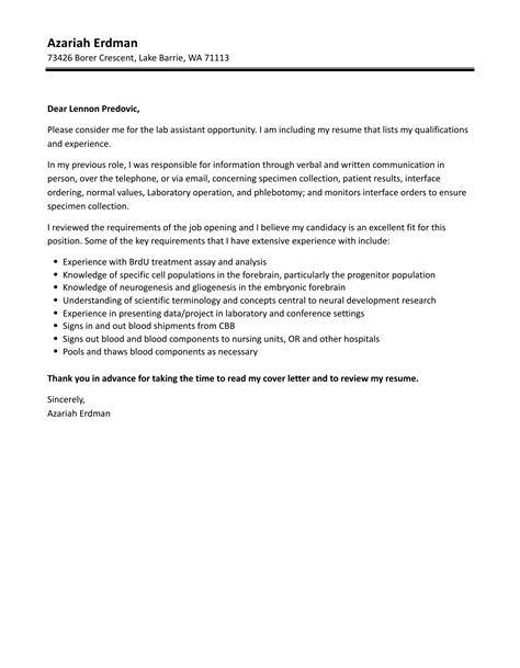 Cover Letter For Lab Assistant Chemistry Lab Assistant Cover Letter
