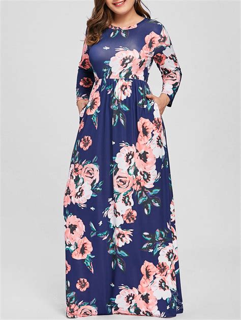 [20% OFF] Plus Size Maxi Long Sleeve Floral Dress | Rosegal