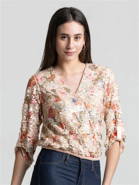 Buy Peach V-Neck Sequin Three-Quarter Sleeves Party Crop Top – Shaye India