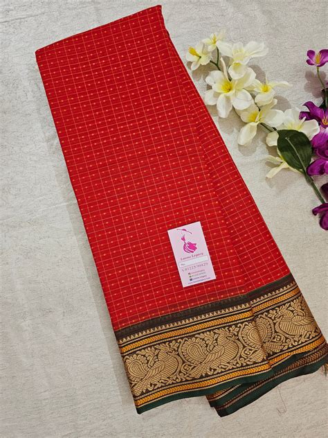 Red with Green Muthu Kattam Lakshadeepam Pattern Kanchi Cotton Sarees ...
