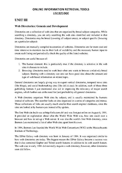 Web Directories Development: An Overview - LIS15210GE Unit III - Studocu