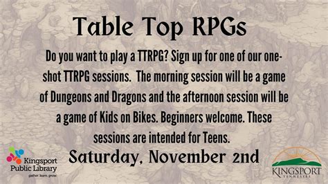 TTRPG One-Shot (Teens), 400 Broad St, Kingsport, TN, United States ...