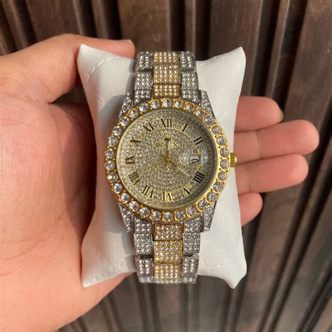Rolex Analog Diamond Set Silver And Golden Strap Watch Golden Dial Roy ...