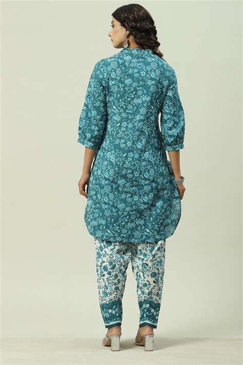 Buy Teal Blue Cotton Straight Kurta Relaxed Salwar Suit Set Online at ...