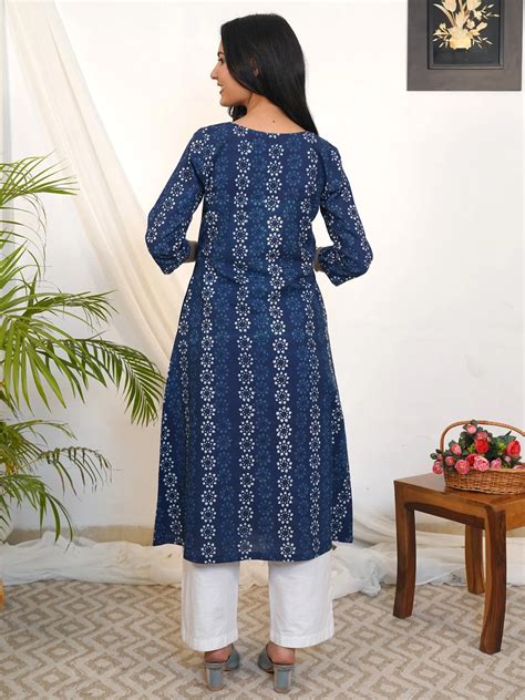 Blue Bloom Box-Pleated A-Line Cotton Kurta – BaSaKa