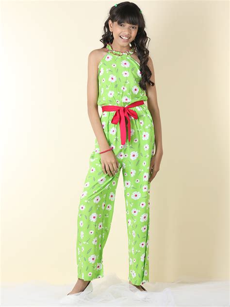 Cutiekins Girls Halter Neck Floral Print Jumpsuit -Green & Off White