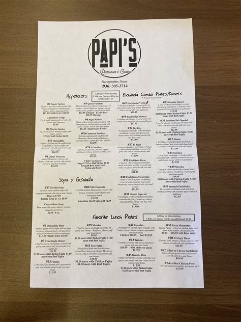 Menu at Papi's Restaurant & Cantina, Nacogdoches