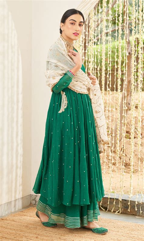 Mirzya - Emerald Green Anarkali set with embroidered dupatta - set of ...
