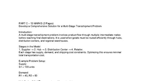 Transshipment Problem Solution (Part C) - 15 Marks Analysis - Studocu