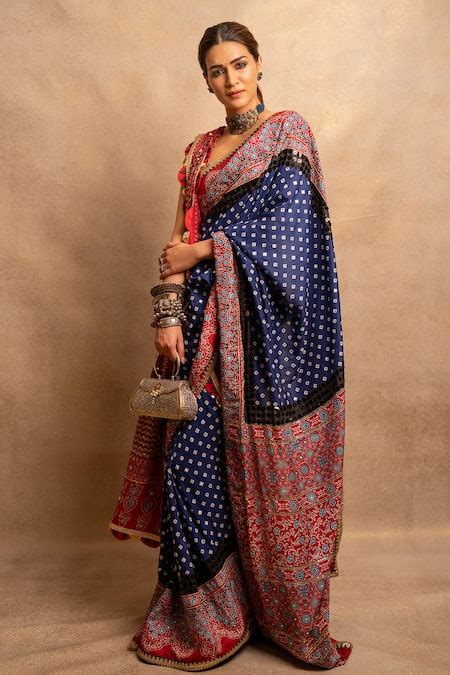 Buy Blue Viscose Crepe Hand Block Printed Bandhej Saree With Blouse For ...