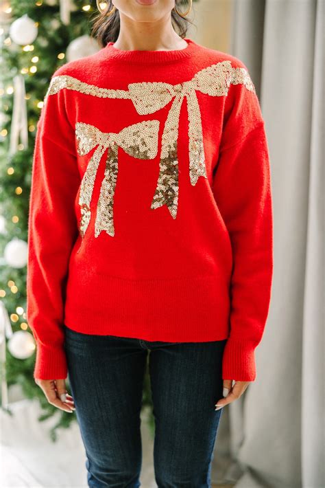 Feeling Present Red Sequin Bow Sweater - Shop the Mint