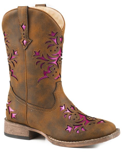 Roper Girls' Lola Brown Metallic Underlay Cowgirl Boots - Square Toe ...