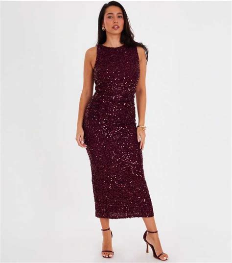 QUIZ Dark Red Sequin Ruched Midaxi Dress | New Look