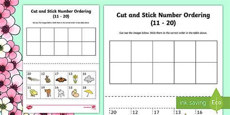 Springtime Themed Cut and Stick Number Ordering Sheets 11-20 - number