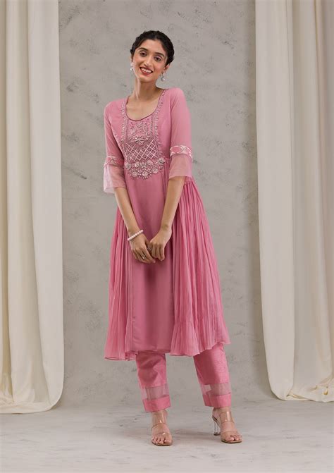 Buy Onion Pink Cutdana Georgette Readymade Salwar Suit - Koskii