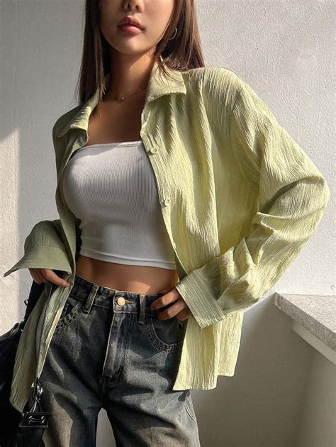 DAZY Solid Color Turn-Down Collar Front Button Long Sleeve Women Shirt ...