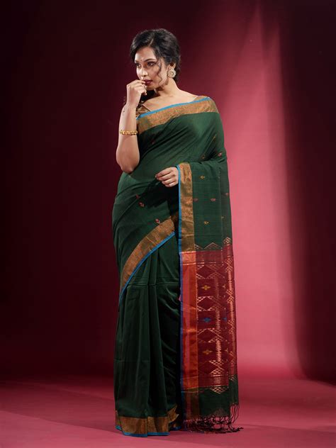 Pine Green Cotton Handspun Handwoven Saree With Ethnic Motifs And Zari ...