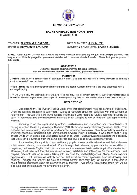 TRF - This is a sample of the answer for the Teacher Reflection Form ...