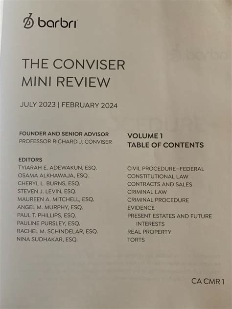 2023 2024 Barbri Bar Exam CONVISER Mini Review For CALIFORNIA VOL 1 Ou ...
