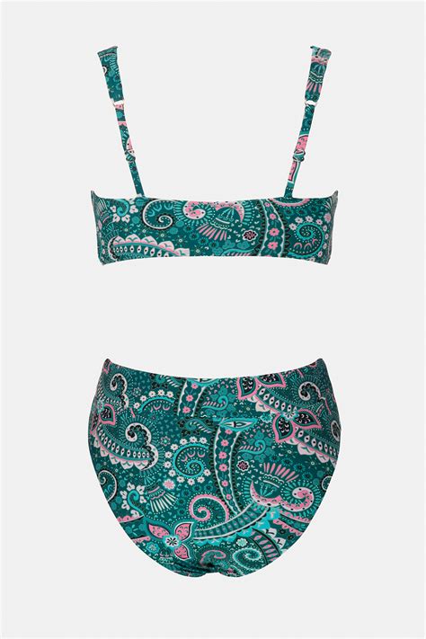Spring Paisley Fringe Front Top & Banded High Waist Bikini Set