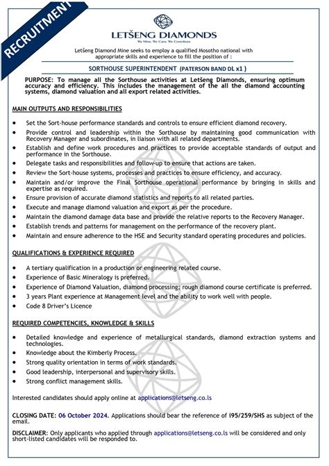JOB OPPORTUNITY Letšeng Diamonds Mine seeks to employ a qualified ...
