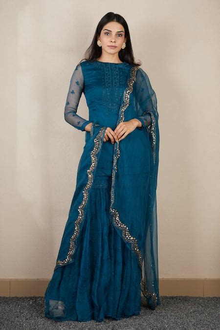 Buy Blue Organza Floral Round Embroidered Kurta Sharara Set For Women ...