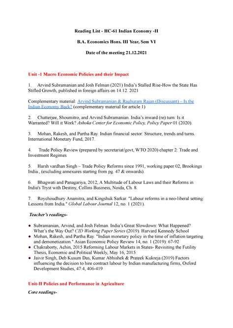 Reading List - HC-61 Indian Economy -II - Economics Hons. III Year, Sem ...