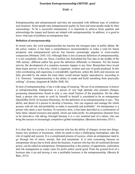 MTTM - 401 Tourism Entrepreneurship - Unit - 1 Entrepreneurship and ...