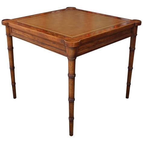 Faux Bamboo and Leather Burl Square Card Table by Drexel at 1stdibs
