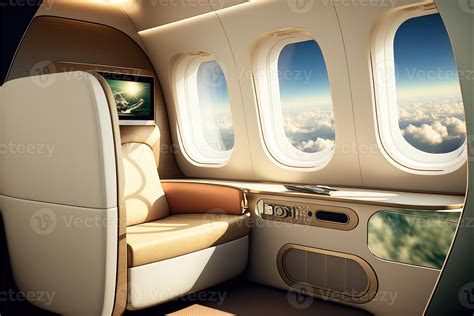 Luxurious first class airplane seat with lots of windows. visualization ...