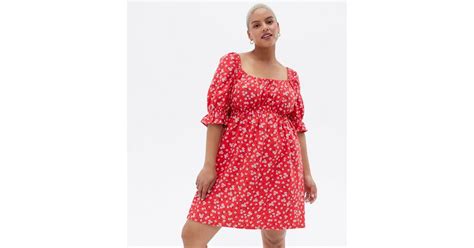 Curves Red Floral Linen-Look Puff Sleeve Mini Dress | New Look