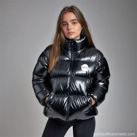 Young Woman in Shiny Black Puffer Jacket | Stable Diffusion Online