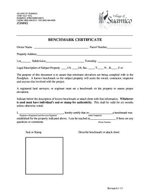 BENCHMARK CERTIFICATE - Suamico - Fill and Sign Printable Template Online