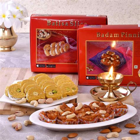 Celebration Hamper Of Nanda Sampat Deep, Badam Pinni & Batisa Slice ...