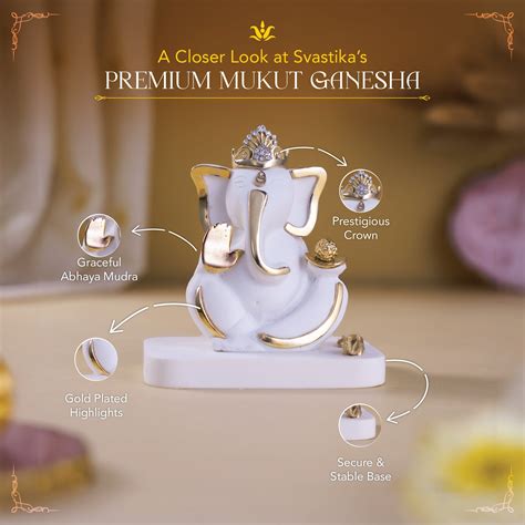 Elegant White & Gold Mukut Ganesh Idol For Car Dashboard (3.5 Inch)