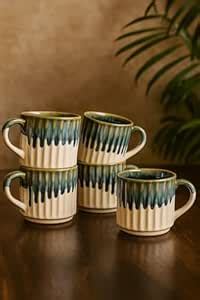 Handmade Ceramic Tea Cups, 190ml, Green and White Drip Glaze, Set of 6 ...