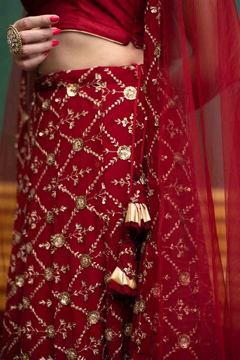 Buy DEEP RED SEQUIN AND ZARI WORK LEHENGA SET Online in India | Label ...