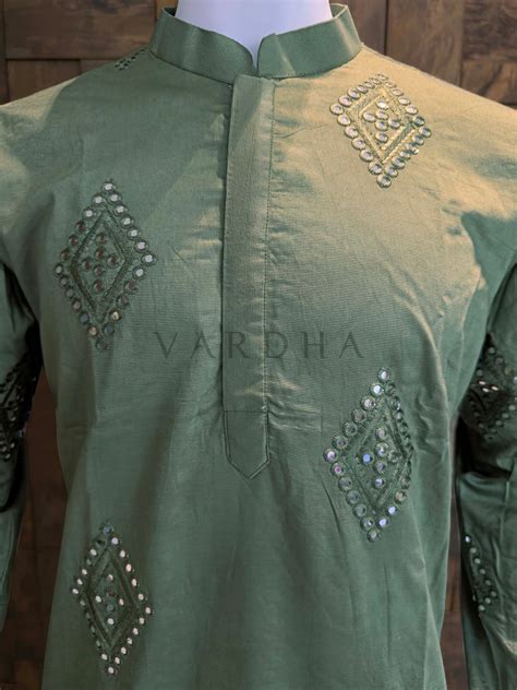 Sage Green Embroidered Kurta with Mirror Work – House of Vardha