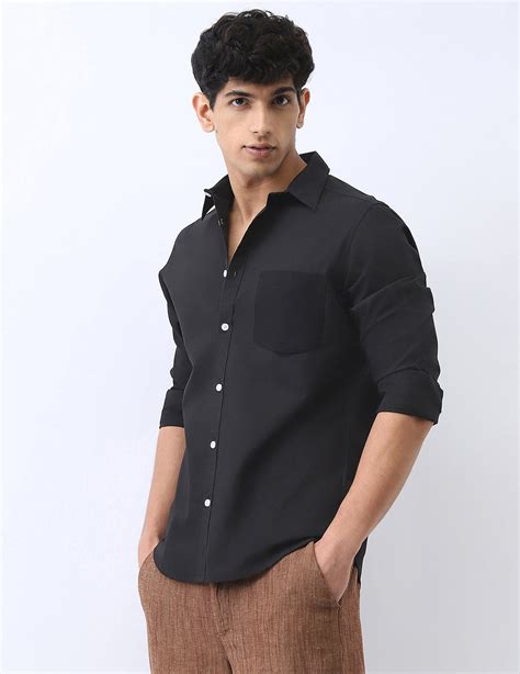 Men's Black Cotton Full Sleeve Regular Fit Casual Solid Shirt – Urbano ...
