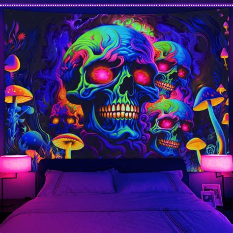 Amazon.com: Skull Blacklight Tapestry, UV Reactive Skeleton Wall Art ...