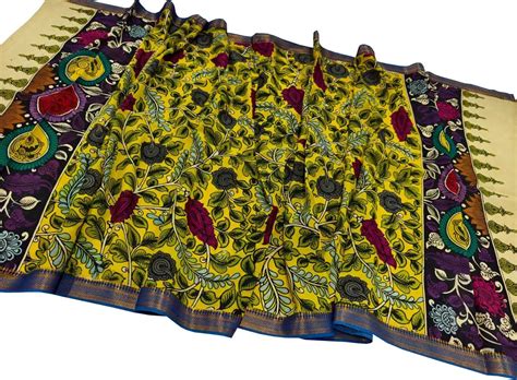 Yellow Hand Painted Kalamkari Pure Bangalore Silk Dupatta – Luxurion ...