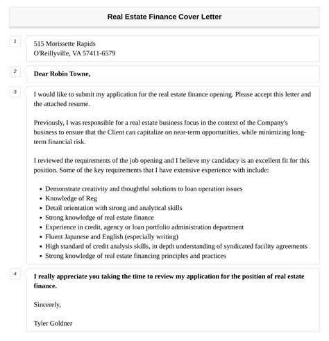 Real Estate Finance Cover Letter | Velvet Jobs